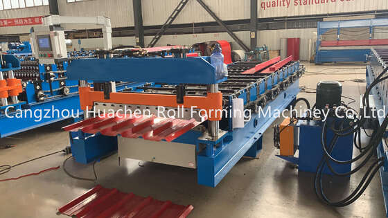Bahan Bangunan Lembar Besi Atap Roll Forming Mesin bergelombang dengan 0.3-0.6mm Ketebalan 1200mm Lebar dan 11 Stasiun Roller