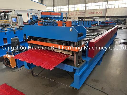 4 KW Hydraulic Cutter Glazed Tile Roll Forming Machine dengan lebar kumparan 1200mm dan 12 stasiun roller