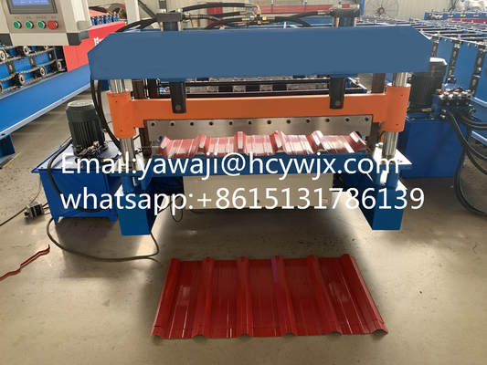 Chain Drive Long Span Color Roof Roll Forming Machine Dengan Tegangan 380v 50Hz 3 Fase