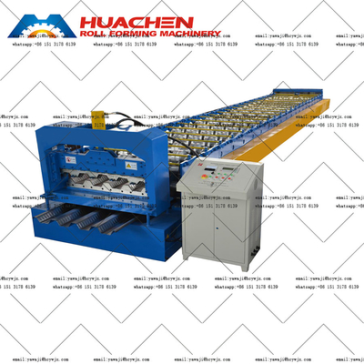 Mesin pembuatan ubin lantai baja bekas PLC dikendalikan atap Decking Roll Forming Machine Dengan komponen inti motor