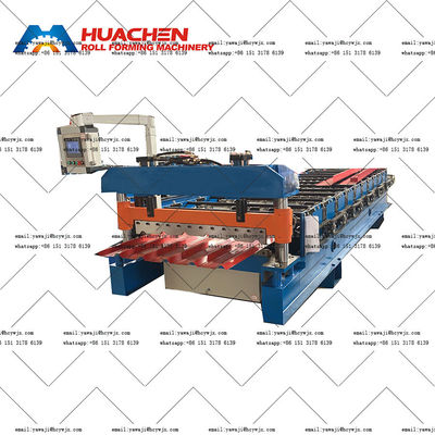 Chain Drive Long Span Color Roof Roll Forming Machine Dengan Tegangan 380v 50Hz 3 Fase