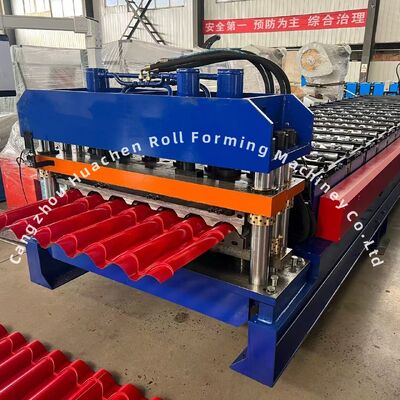 1220mm lebar panel Kaca Tile Roll Forming Machine dengan 18 Stasiun Roller dan Chain Drive untuk konstruksi baja